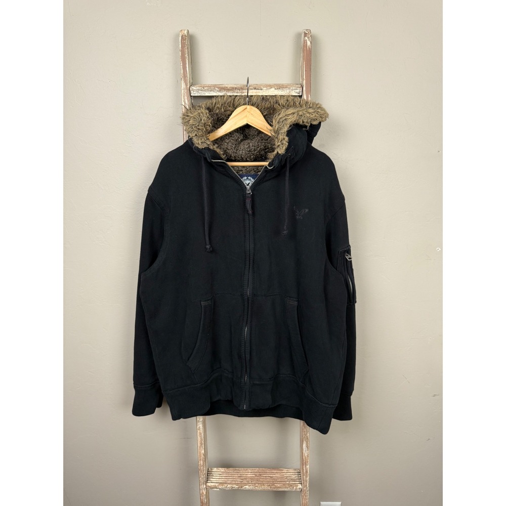 Vntg American Eagle Black Fur Hood Zip Jacket Hoodie XL